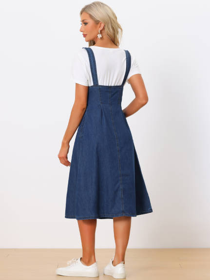 Allegra K - Classic U Neck Denim Suspender Dress