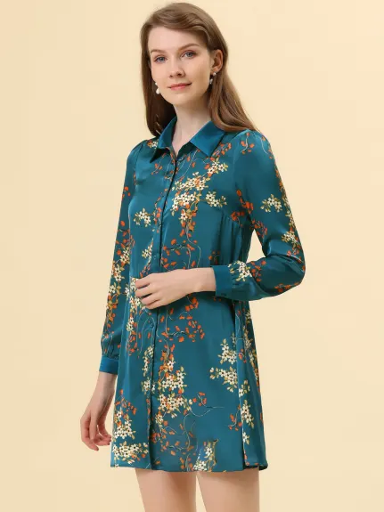 Allegra K- Floral Satin Long Sleeve Belted Button Down Dress