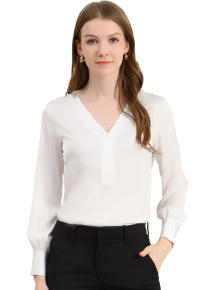 Allegra K - Elegant Satin Long Sleeve Solid Work Blouse