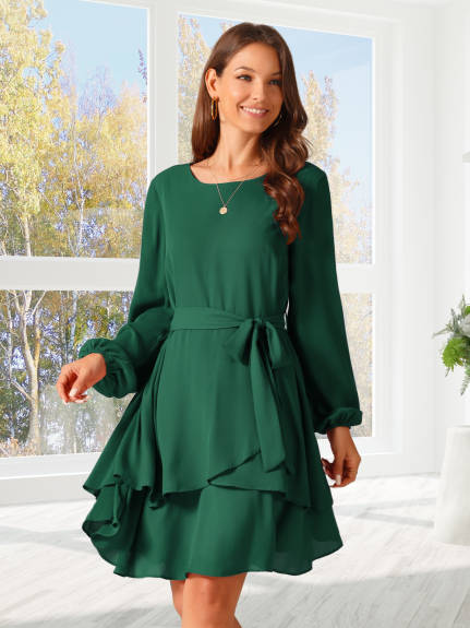 INSPIRE CHIC - Round Neck Tie Waist Ruffle Dress