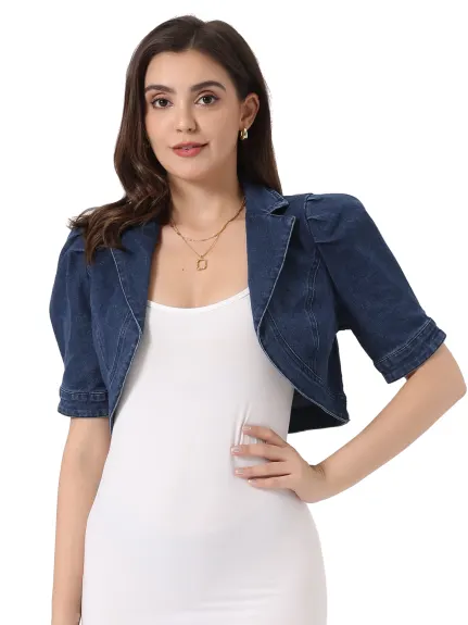 Allegra K- Short Sleeve Lapel Crop Denim Cardigan Jacket