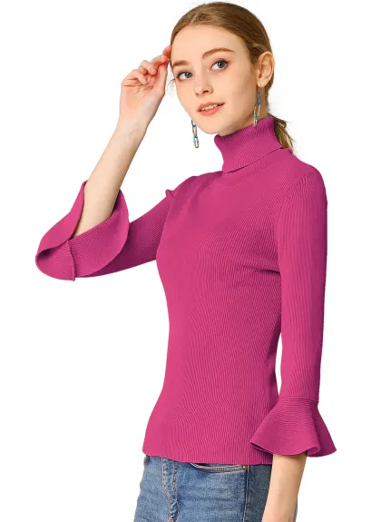 Allegra K- Turtle Neck 3/4 Ruffle Sleeves Pullover Slim Rib Knit Sweater