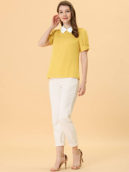 Allegra K- Pan Collar Puff Short Sleeve Pleated Blosue