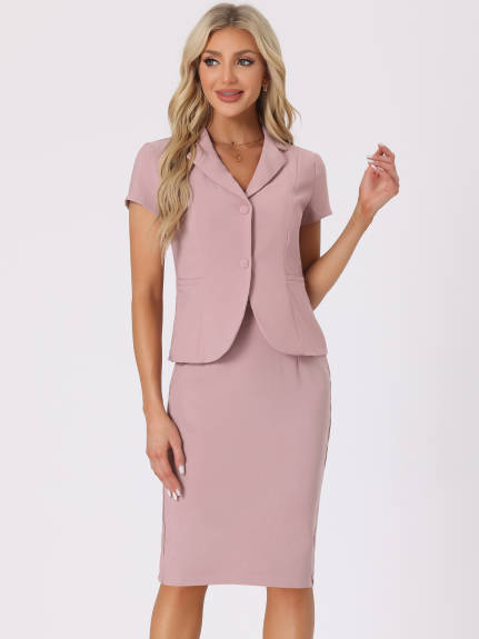 Allegra K- 2 Piece Suit Set Short Sleeve Blazer Jacket Pencil Skirt