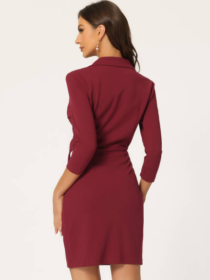 Allegra K- Sheath 3/4 Sleeve Knit Lapel Collar Belted Dress