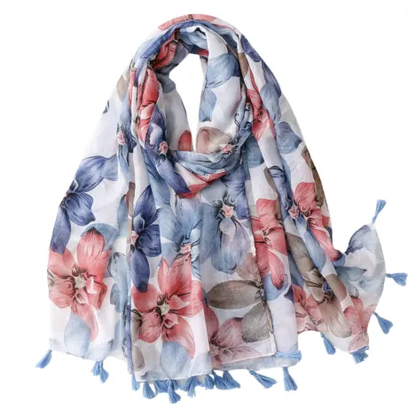 Floral Botanical Scarf with Tassels in Blue and Red - Don't AsK