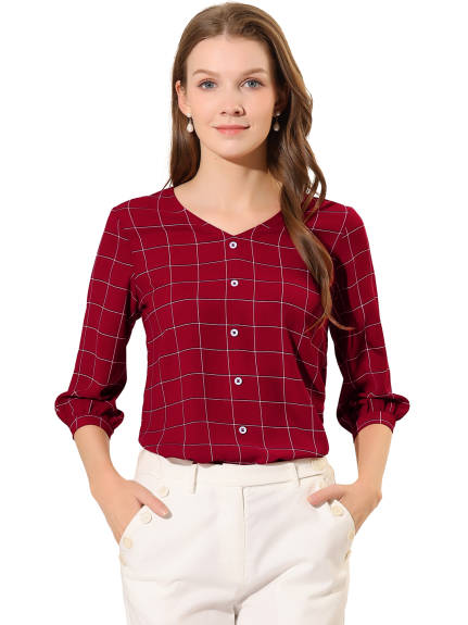 Allegra K- Half Sleeve Plaid Button Cuff V Neck Blouse