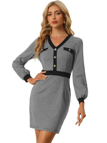 Allegra K- Houndstooth V Neck Long Sleeve Pencil Sheath Dress