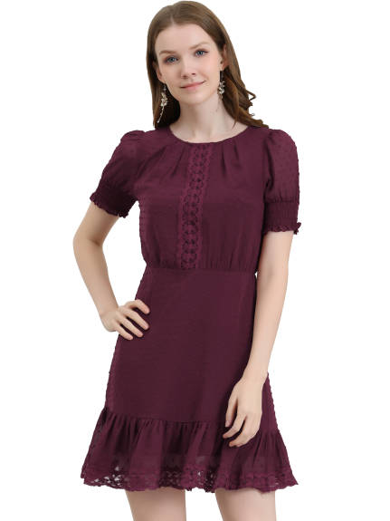 Allegra K- Short Sheer Sleeve Ruffle Hem Swiss Dots Chiffon Dress