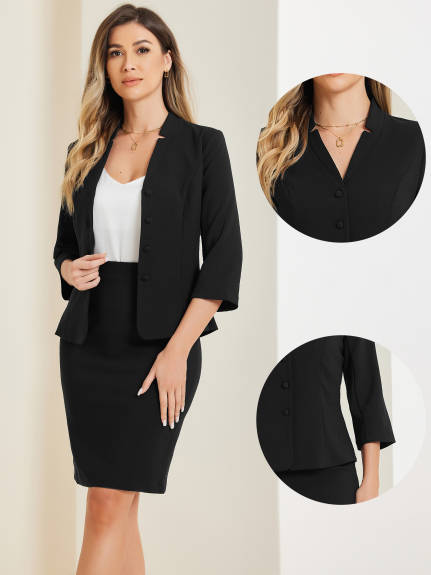 Allegra K - Notched Collar Blazer Midi Pencil Skirt Suit