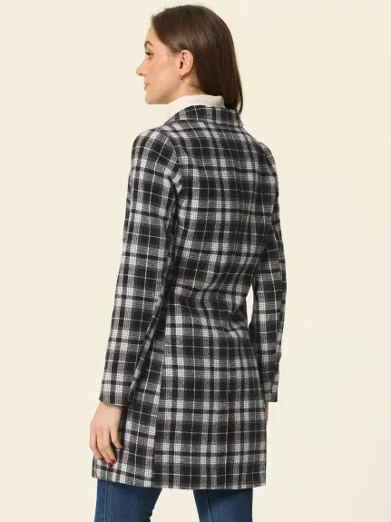 Allegra K- Notched Lapel Double Breasted Plaid Blazer