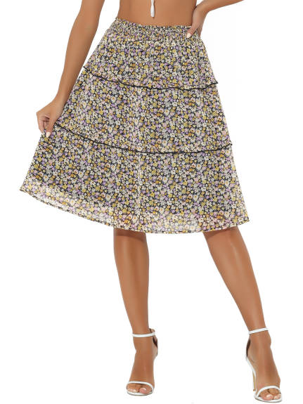 Allegra K- Floral Smocked Waist Ruffle Tiered Skirt