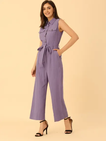 Allegra K- Sleeveless Collared Tie Waist Coverall Button Down Jumpsuit