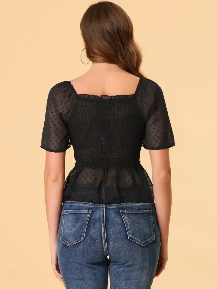 Allegra K- Flare Short Sleeve Crop Smocked Peplum Blouse