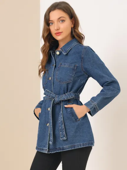 Allegra K- Veste en jean à manches raglan et ceinture à nouer à la taille