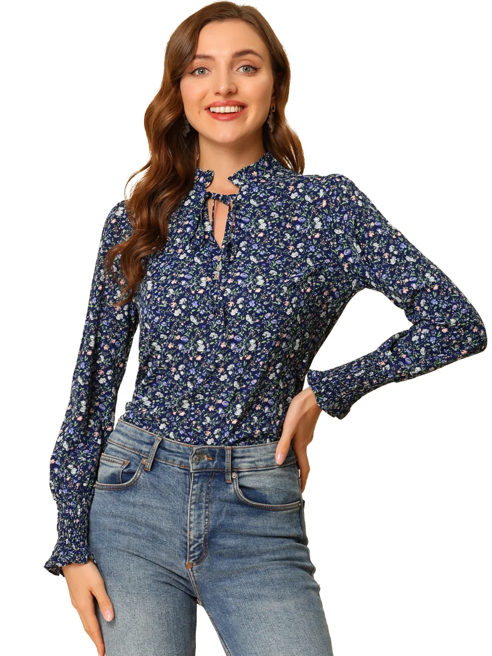 Allegra K- Vintage Floral à col volants cravate à manches longues Blouse