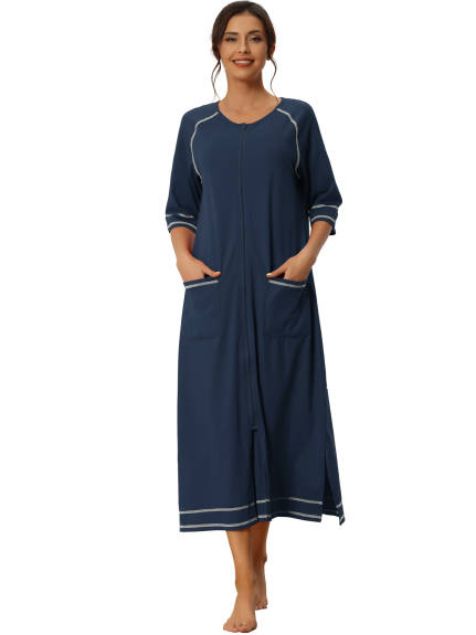 cheibear - Zipper Long Sleeve Midi Nightgown with Pockets