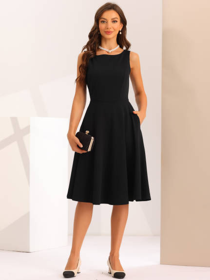 Allegra K- Boat Neck High Waisted Fit and Flare Dress