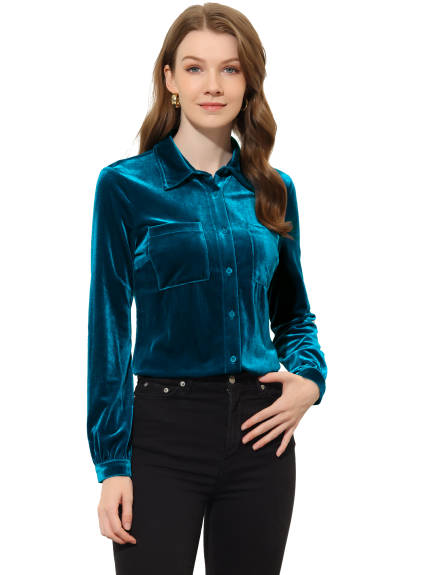 Allegra K- Pocket Front Long Sleeve Velvet Shirt