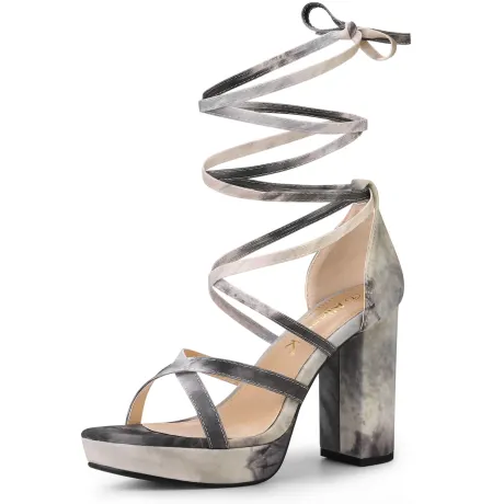 Allegra K - Tie Dye Platform Chunky Heel Lace Up Sandals