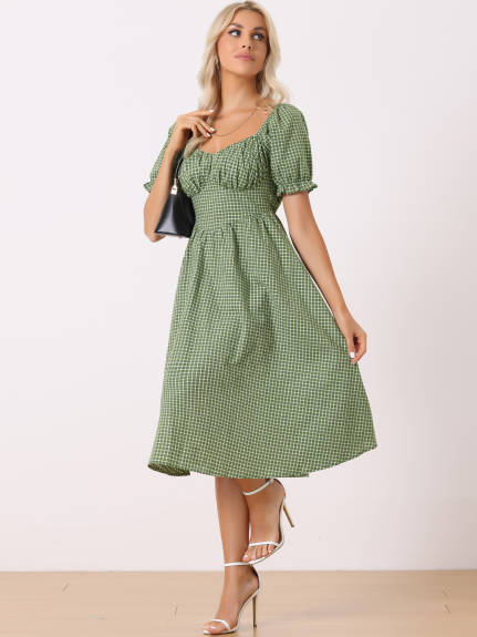 Allegra K - Sweetheart Neck Puff Sleeve Plaid Dress