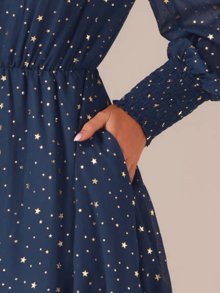 Allegra K - Puff Long Sleeve Gliding Stars Midi Dress