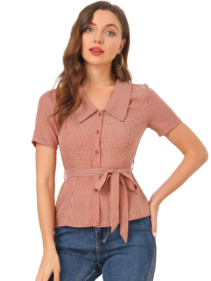Allegra K- Vintage Plaid Belted Short Sleeve Shirt