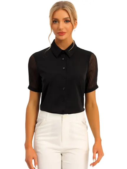 Allegra K- Button Down Sheer Point Collar Top