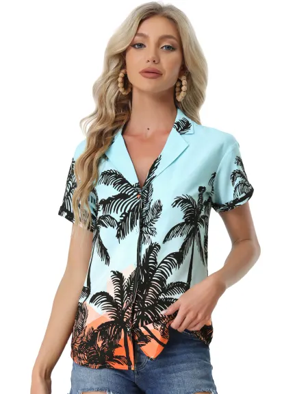 Allegra K- Beach Tropical Printed Button Down Shirt