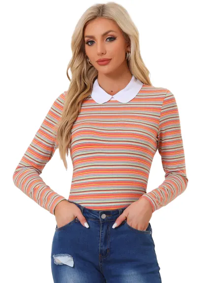 Allegra K- Contrast Collar Striped Blouse