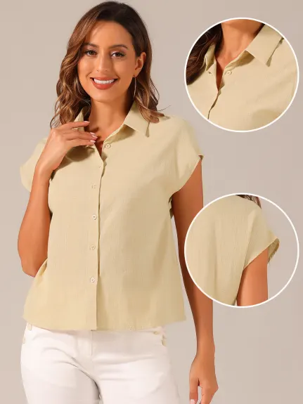 Allegra K- Linen Button Down Cap Sleeve Blouse