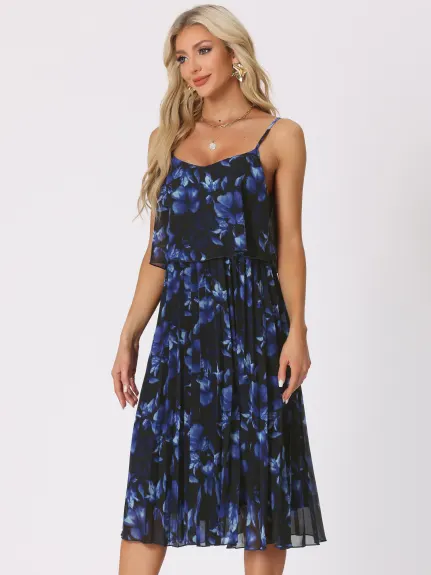 Allegra K- Floral Pleated Ruffle Strap Dress