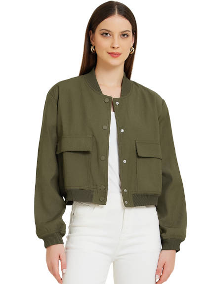 Allegra K - Button Down Stand Collar Bomber Jacket