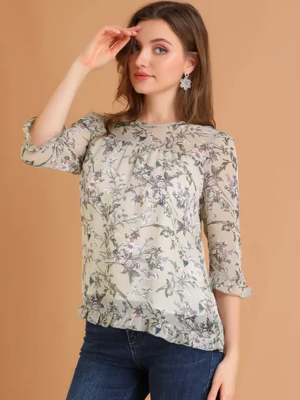 Allegra K- Floral Ruffled 3/4 Sleeve Chiffon Blouse