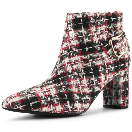 Allegra K - Plaid Point Toe Side Zip Buckle Ankle Boots