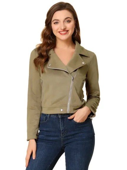 Allegra K- Faux Suede Zip Up Moto Biker Jacket