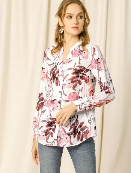 Allegra K- V Neck Long Sleeve Floral Shirt Blouse