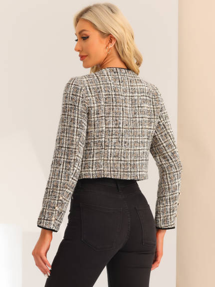 Allegra K- Tweed Plaid Short Jacket