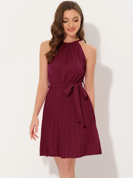 Allegra K- Sleeveless Halter Neck Pleated Dress