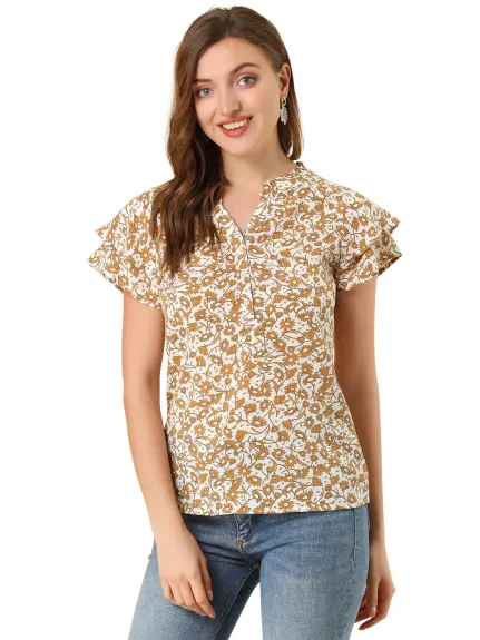 Allegra K - Summer Floral Button V Neck Peasant Top