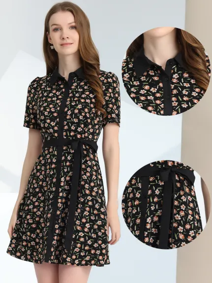 Allegra K- Short Sleeve Contrast Collar Belted Floral Shirt Dress