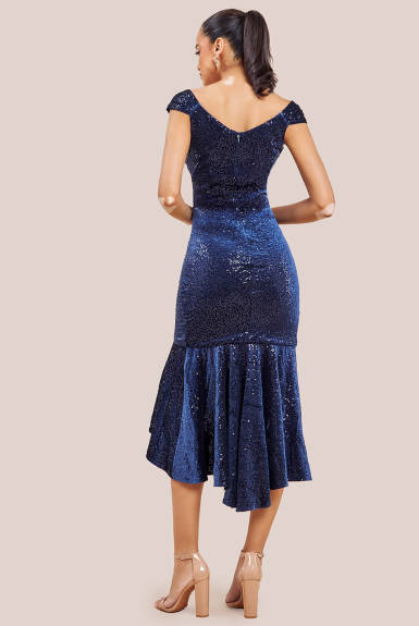 Goddiva - Sequin & Velvet Bardot High Low Midaxi Dress