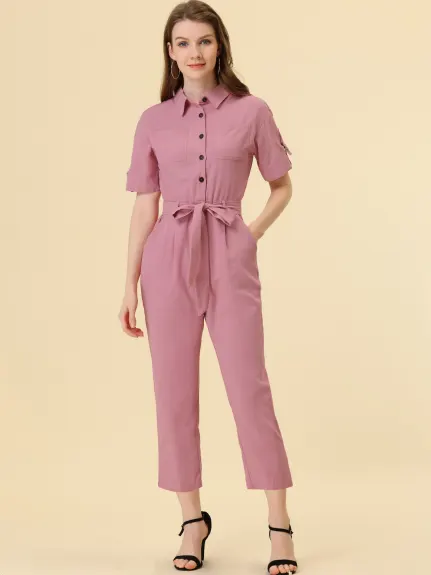 Allegra K- Turndown Collar Button up Tie Waist Cargo Jumpsuit