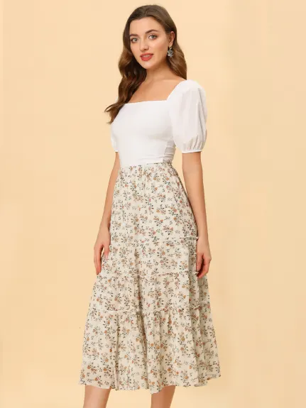 Allegra K- Floral Tiered A-Line Long Chiffon Skirt