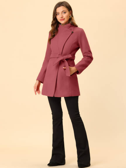 Allegra K- Classic Stand Collar Belted Long Coat