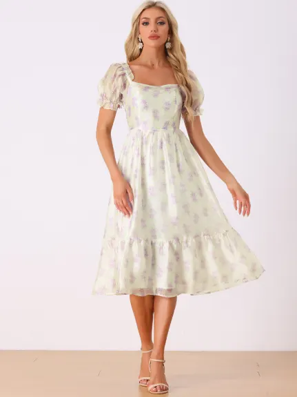 Allegra K - Floral Puffy Short Sleeve Organza Dress
