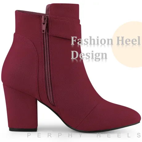 Allegra K - Round Toe Side Zip Buckle Block Heel Ankle Boots