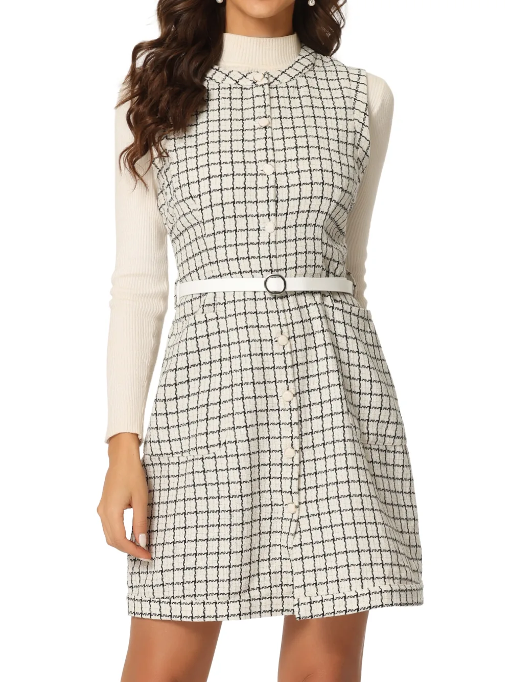 Allegra K - Button Down Pinafore Tweed Dress with Belt