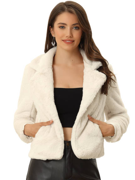 Allegra K- Notch Lapel Faux Fur Fluffy Cropped Coat