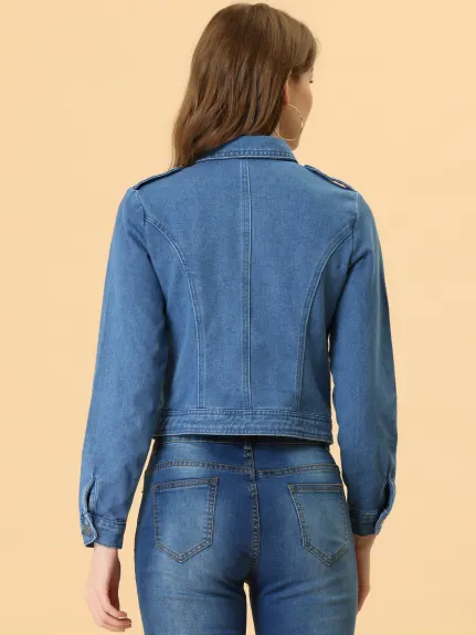 Allegra K- Notched Lapel Asymmetric Zip Moto Denim Jacket